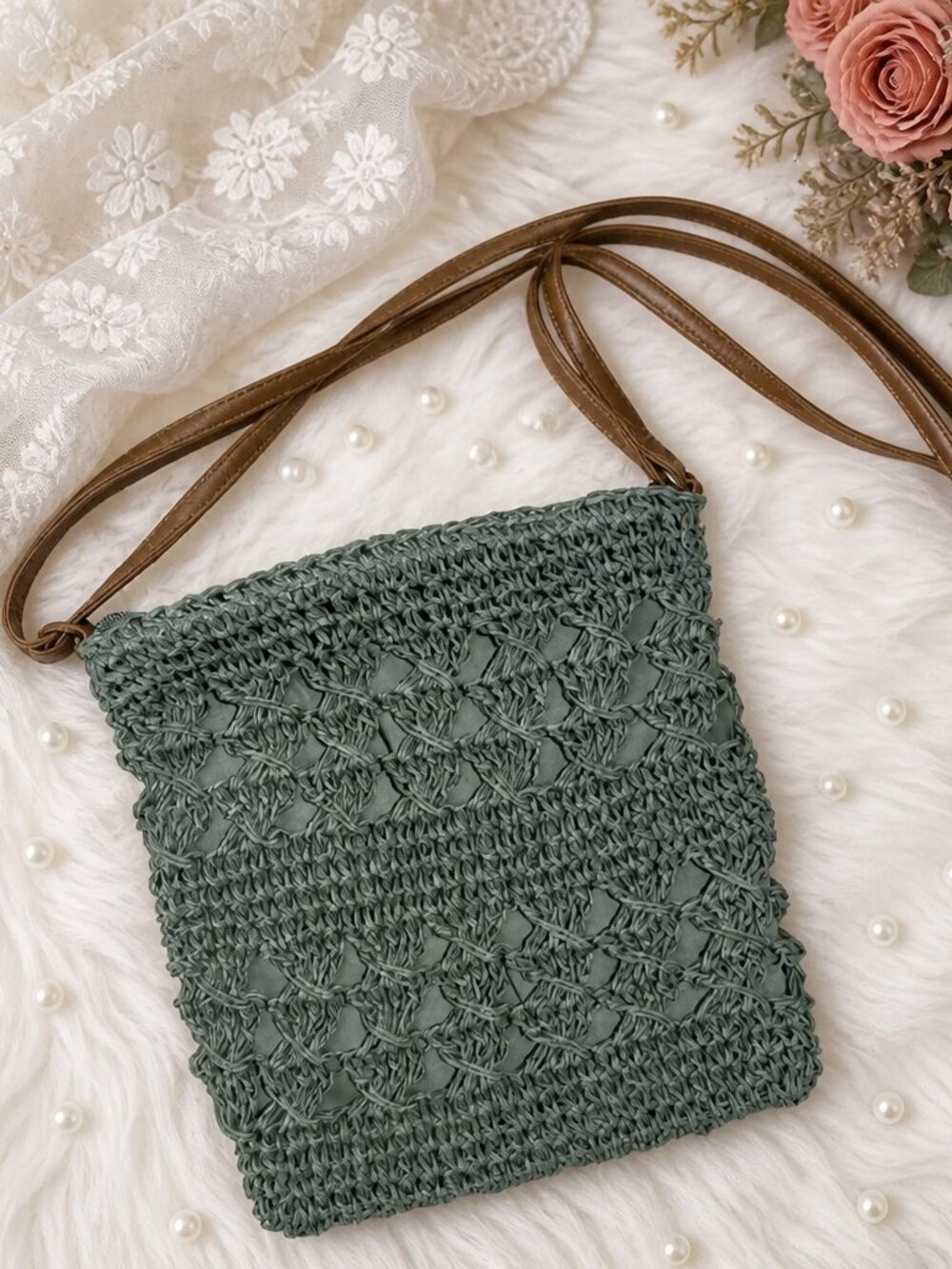 Olive Green Crocheted Over the Shoulder Handbag - NEW